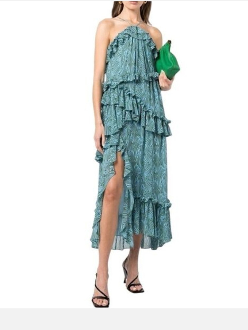 Cinq à Sept Rayner Dress Ruffle Blue Printed Halter Midi Cocktail Slit